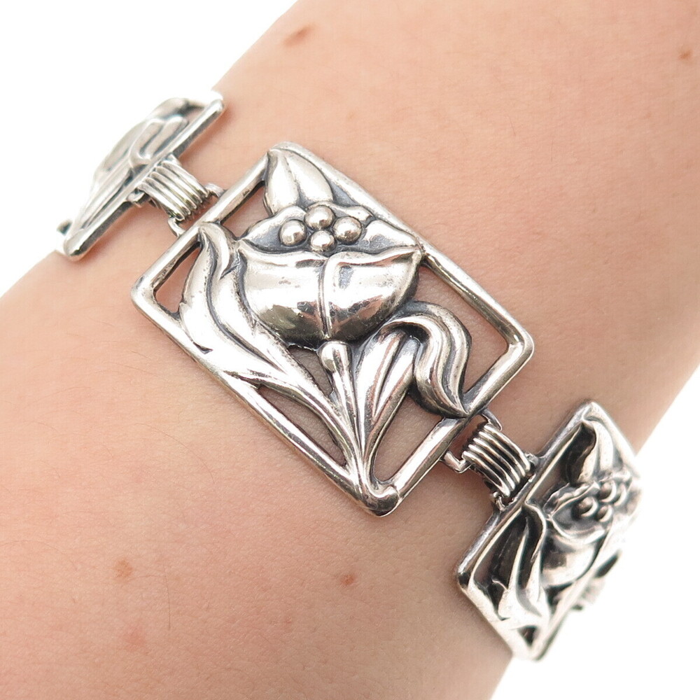 Danecraft Sterling Silver Antique Art Deco Floral Link Oxidized Bracelet 7.25"